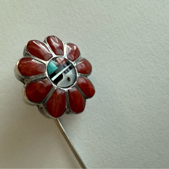Vintage Zuni Sunface Inlay Flower Stick Pin Coral Turquoise MOP Native American - Picture 4 of 10